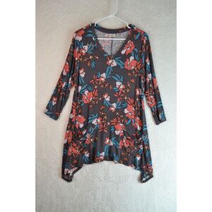 LOGO Lori Goldstein Women's Large Gray Floral 3/4 Sleeve Tunic Top